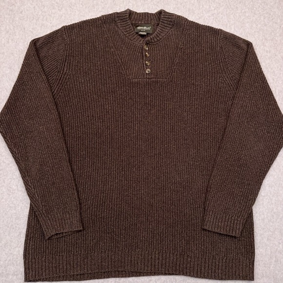 Eddie Bauer Henley Sweater Men's XXL Brown Chunky Ribbed Knit Heavyweight Hiking - Picture 2 of 7